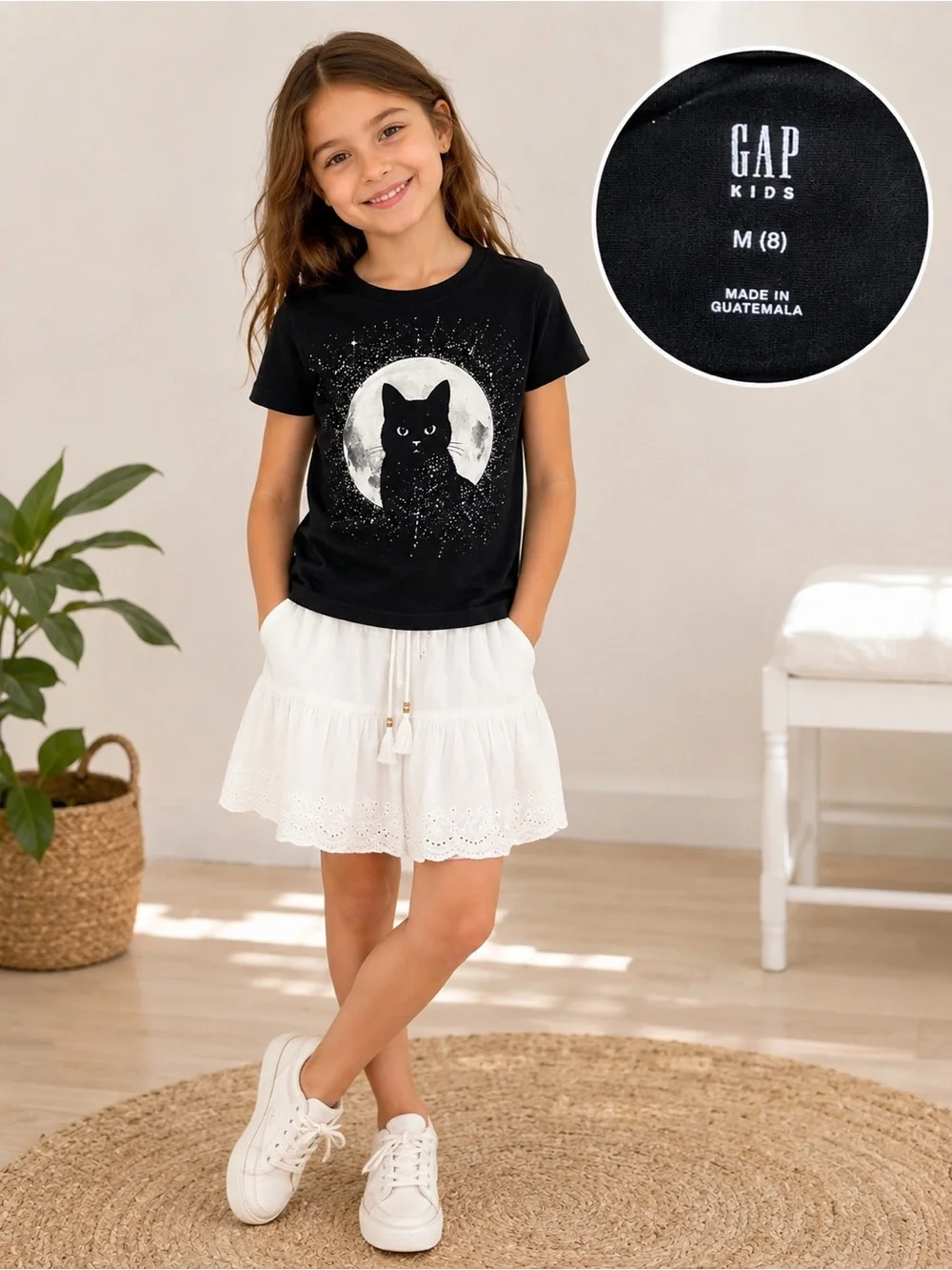 GAP Kids Black Cat Moon Graphic T-Shirt 100% Cotton Size M (8)